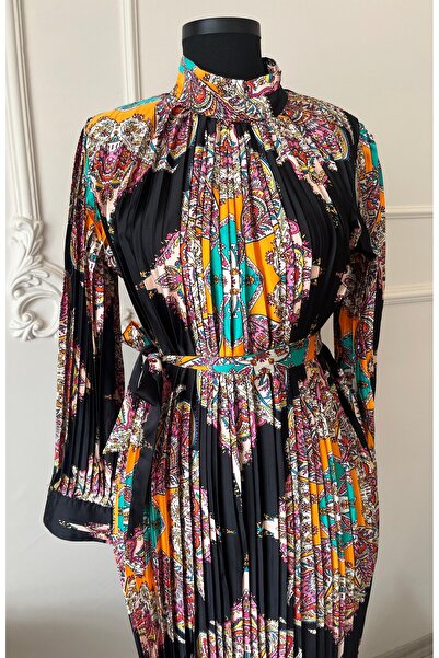 aura studio İthal Piliseli Desenli Elbise