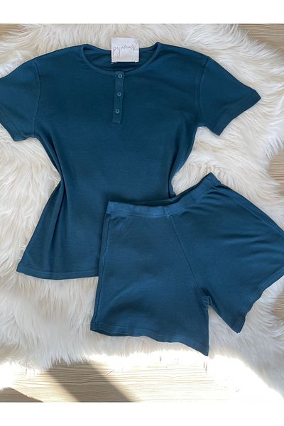 Pijamacs Set de pijamale cu detaliu cu nasturi albastru petrol