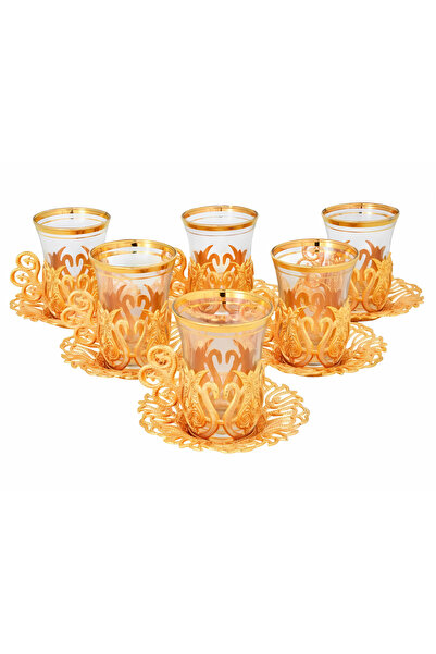 Yaren Style Osmanlı Lale Dekorlu Gold Altılı Kuplu Çay Bardak Seti