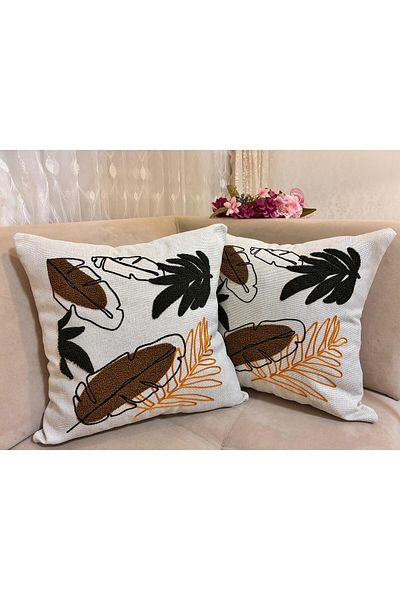 Mustgross Bohemian Punch Embroidered Linen Throw Pillow Cover Set of 2 - 43X43 cm
