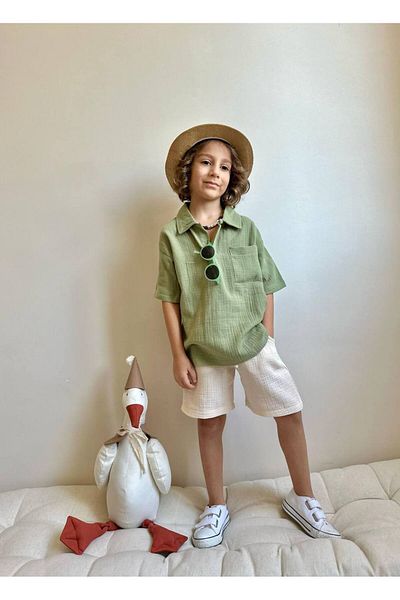 joyEm Boy's Muslin Cat Collar Shorts Suit