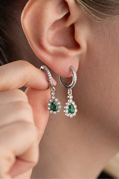 Silvano Jewelry 925 Ayar Gümüş Zümrüt Yeşil Damla Küpe