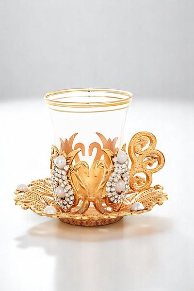 Yaren Style Ottoman Tulip Decorated Stone and Beaded Gold Six Cup Tea Cup Set