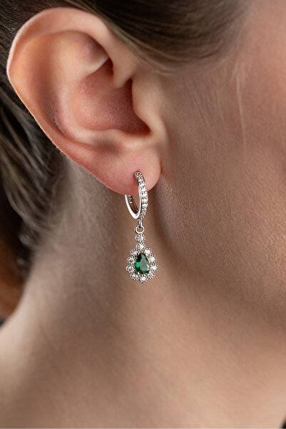 Silvano Jewelry 925 Ayar Gümüş Zümrüt Yeşil Damla Küpe