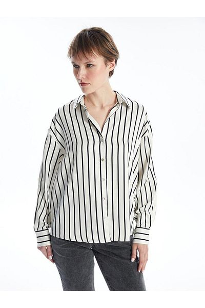 LC Waikiki Ριγέ μακρυμάνικο oversize σατέν γυναικείο πουκάμισο