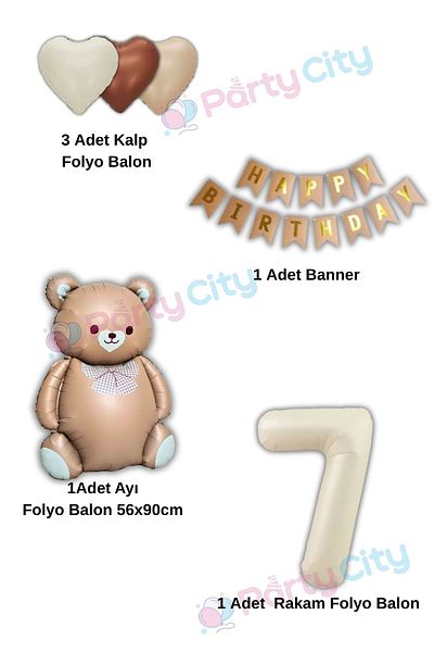 Party City 7 Year Old Big Bear Balloon Themed Birthday Celebration Set with Bow Tie - Heart Balloon-Happy Birthday