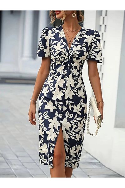 Monapera Rochie midi din țesătură Atlas cu mâneci scurte cu imprimeu floral