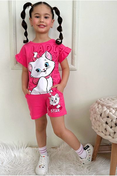 Yağmur Giyim Cute Cat Motif Priority French Nut Girl Suit with Shorts 7568-F