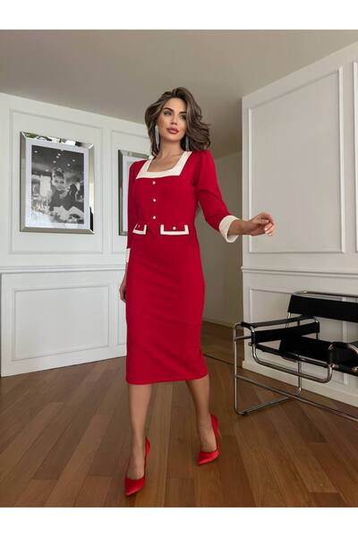 Generic Brand Square Neck Button Detail Contrast Color Pencil Midi Dress
