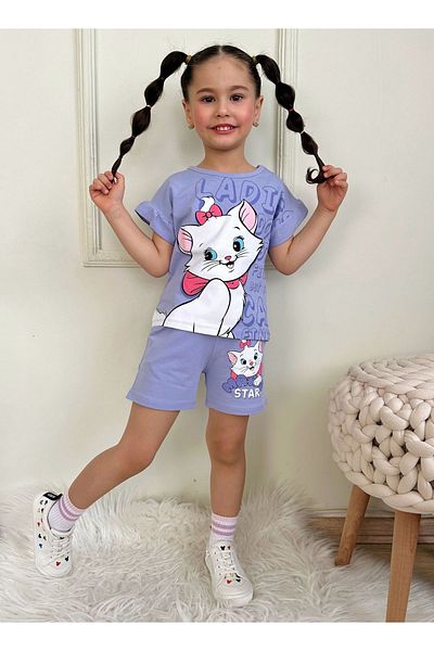 Yağmur Giyim Girl's Short Sleeve Set with Cute Pattern Lilac Shorts 7568-L