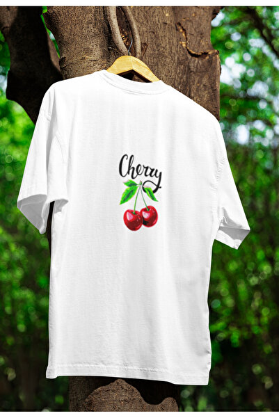 MG تي شيرت قطني برقبة دائرية للجنسين مطبوع عليه الكرز مقاس كبير وأكمام قصيرة