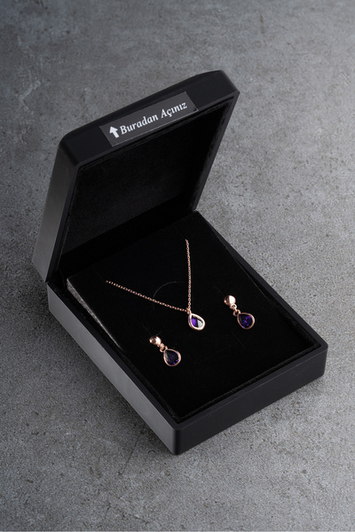 Silvano Jewelry 925 Ayar Gümüş Işıklı Kutuda Amatis Taşlı Damla Takı Seti