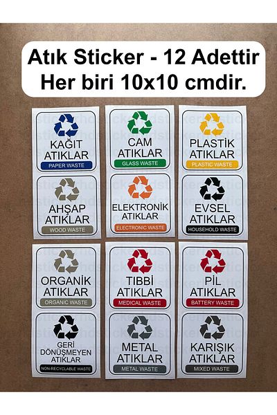 hdsticker 12Pcs Waste Classification Sticker Set - Plastic, Paper, Glass, Metal, Battery, Medical and More