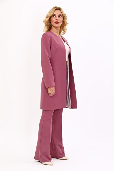 ÖNDER ÖZSOY Sıfır Yaka Düz Uzun Ceket & İspanyol Paça Pantolon-Rose