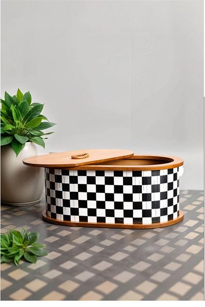 Milenay Stylish Patterned Wooden Lid Bread Bowl - Modern Storage Solution for Your Kitchen, 34X21X15Cm