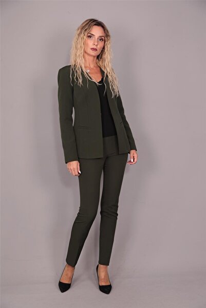 ÖNDER ÖZSOY V Yaka Boydan Kuplu Kılasik Ceket & Dar Paça Pantolon-Haki