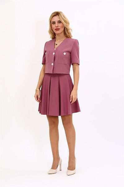 ÖNDER ÖZSOY V-Neck Short Jacket & Short Flared Skirt-Rose