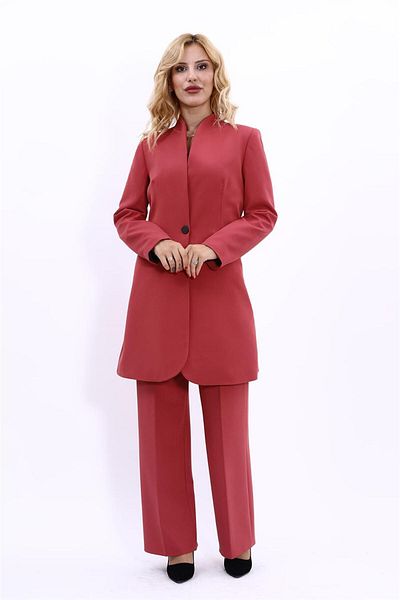 ÖNDER ÖZSOY Single Button Long Jacket and Loose Leg Pants Tile - Self Standing Collar