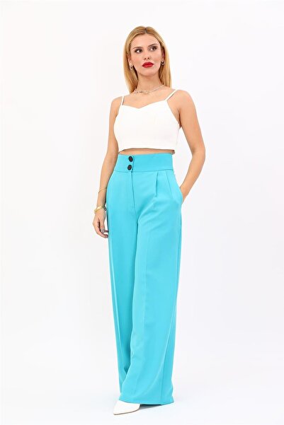 ÖNDER ÖZSOY Corsage Belt High Waist Palazzo Trousers-Turquoise - 5001100
