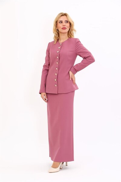 ÖNDER ÖZSOY Zero Neckline Buttoned Jacket & Long Straight Tight Skirt-Rose - ...