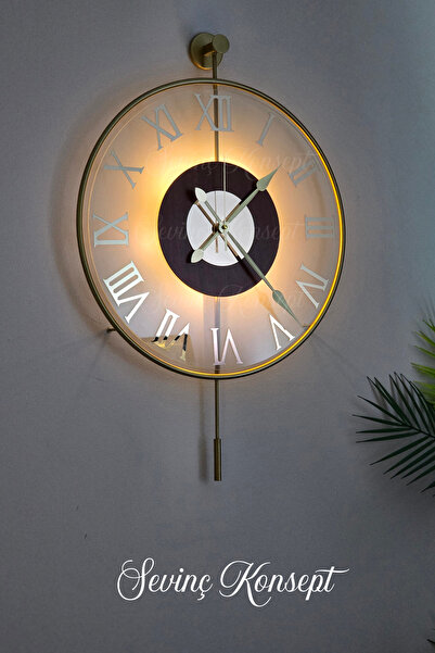 SEVİNÇ KONSEPT Led'li Golden Roma Tiktok Face Büyük Boy (50 X 75 CM) Modern Dekoratif Sarkaçlı Metal Duvar Saati