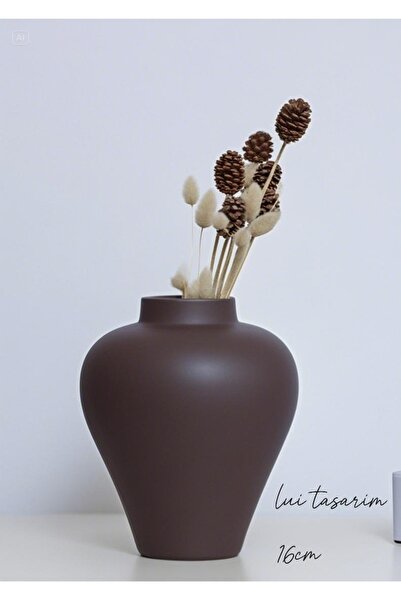 Lui Tasarım Zarif İskandinav Tarzı Sade Seramik Mat Kahverengi Vazo 16 cm