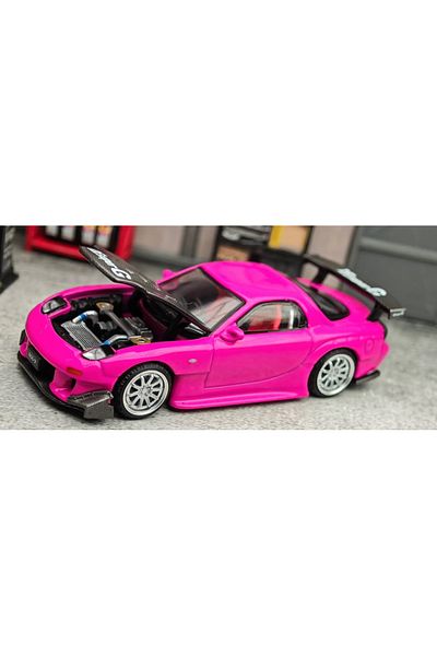 mini gt نموذج سيارة Pop Race Mazda RX-7 باللون الوردي، غطاء محرك السيارة مفتوح قابل للفتح