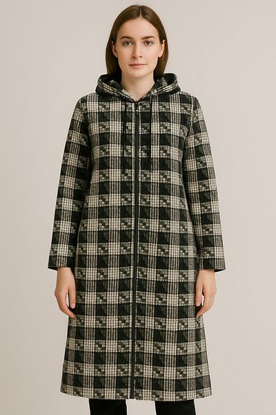 DHDmoda Hooded Pocket Zippered Fleece Long Jacket Cardigan