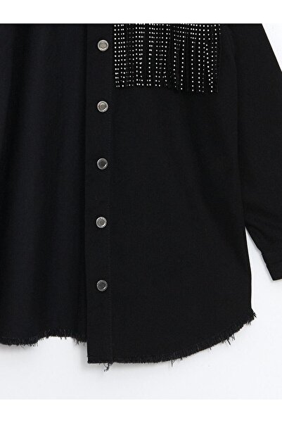 LC Waikiki Shirt Collar Shiny Stone Printed Women's Jean Jacket