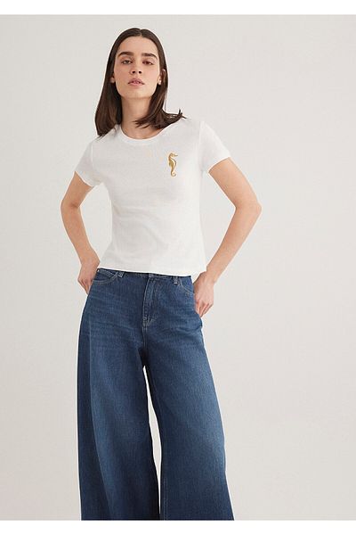 Mavi Weißes T-Shirt mit Seepferdchen-Stickerei, tailliert/körperbetont 1612601 -70057
