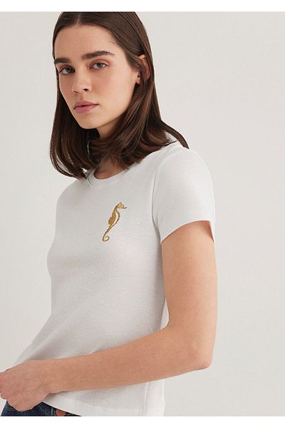 Mavi Weißes T-Shirt mit Seepferdchen-Stickerei, tailliert/körperbetont 1612601 -70057