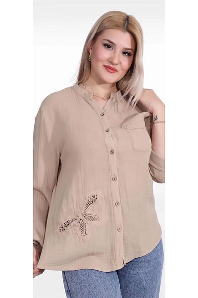 FASHIONLINE 125005   Foldable Sleeve Collar Butterfly Detail Muslin Women's Shirt Beige