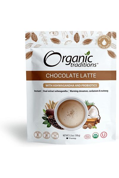 Organic Traditions Chocolate Latte with Ashwagandha and Probiotics | 150 g | Warming Spices | Instan