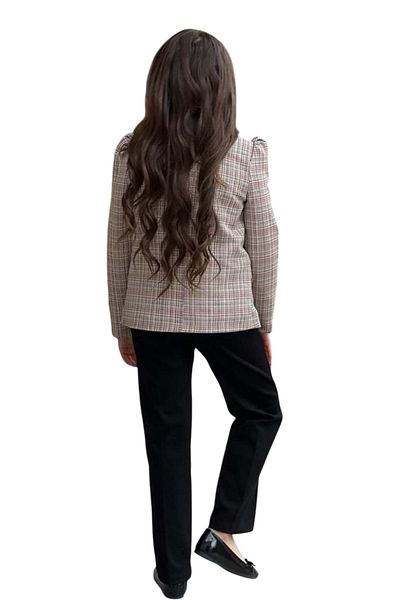 Riccotarz Girl's Open Collar and Stone Detailed Blouse Plaid Line Blazer Jacket Belted Black Bottom Top Set