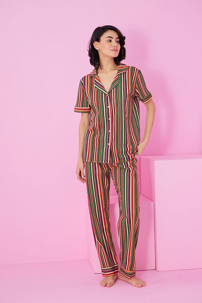 Siyah İnci Colorful Line Pattern Short Sleeve Button Pajamas Suit7856