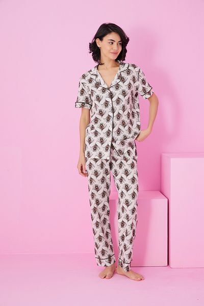 Siyah İnci Beige Melange Patterned Patterned Short Sleeve Buttoned Pajama Set7854