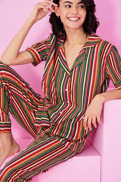 Siyah İnci Colorful Line Pattern Short Sleeve Button Pajamas Suit7856