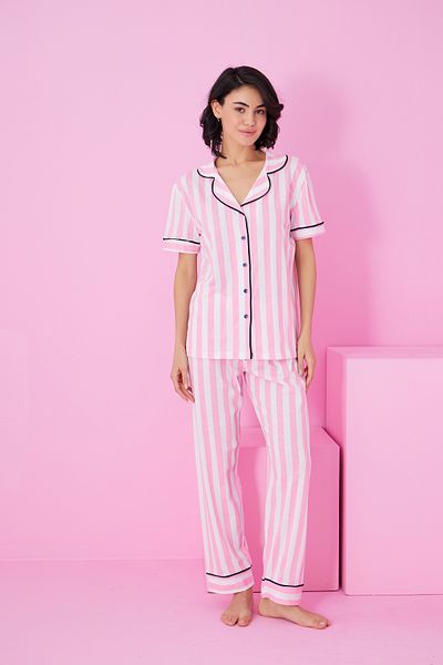 Siyah İnci Pink White Stripe Patterned Short Sleeve Buttoned Pajama Suit7855