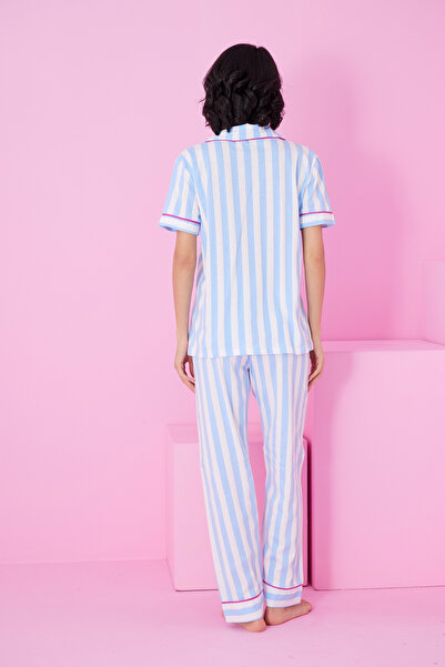 Siyah İnci mavi beyaz çizgi Desenli Kısa Kollu Düğmeli Biyeli Pijama Takım7855