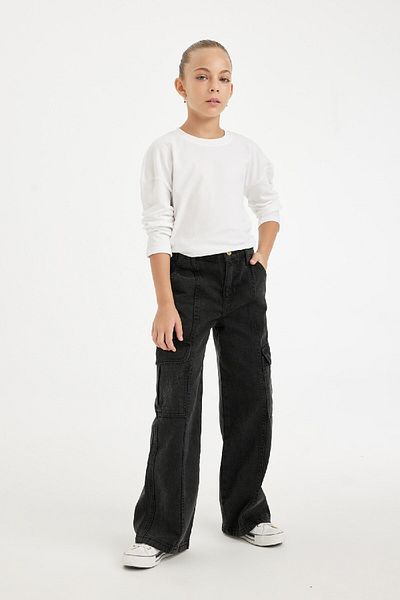 DeFacto Girl's Anthracite Jean Trousers - Wide Loose Leg, Cargo Pocket, Wide Leg D3383A824Wn