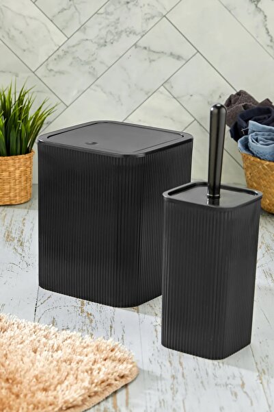 Kitchen Line White Square Trash Can and Toilet Brush Set, Fashionable and Convenient Bathroom Accessories