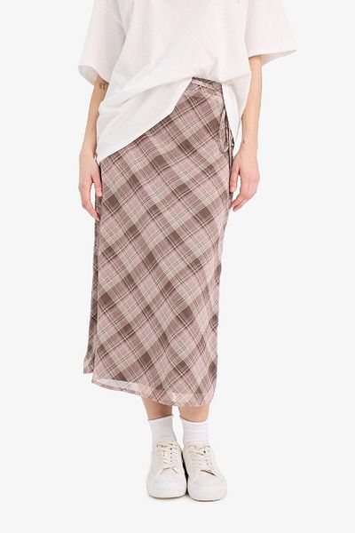 DeFacto A-Line Checked Chiffon Midi Skirt - Regular Waist Combed Cotton Lined E7589Ax25Sp