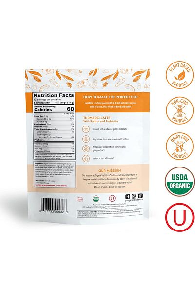 Organic Traditions Turmeric Latte with Saffron & Probiotics | 150g (5.3oz) | 13 Servings | Instant D