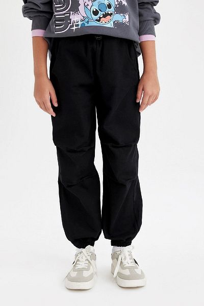DeFacto Girl's Cotton Black Parachute Pants - Elastic Waist and Leg Pocket C8776A824Au
