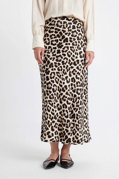 DeFacto Fusta în formă de A cu talie înaltă cu imprimeu leopard lungă/maxi lungime 100% satin D3905axns