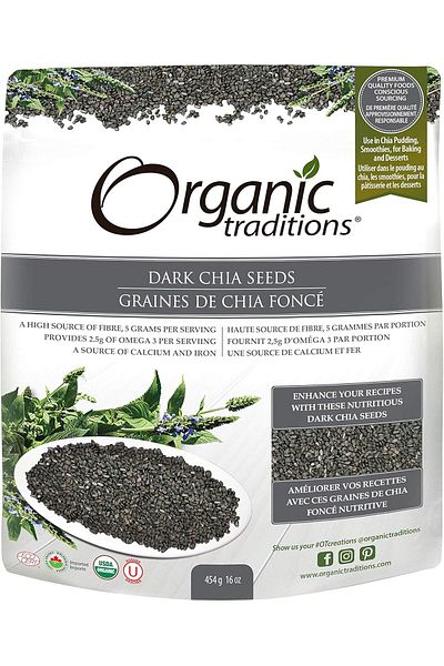 Organic Traditions Dark Chia Seeds | 454 g | High Source of Fiber | 2.5g Omega 3 Per Serving | Rich
