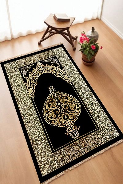 nova century Decorative Digital Printed Black Non-Slip Base Prayer Rug Prayer Mat 70 X 110