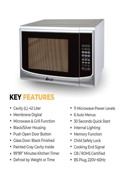 Oscar 42l Microwave Oven With Grill, Digital Touch Control, 11 Power Levels & 7 Auto Menus - Omw42ldts