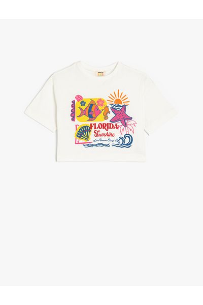 Koton Crew Neck Summer Themed Print Detailed Short Sleeve Cotton T-Shirt