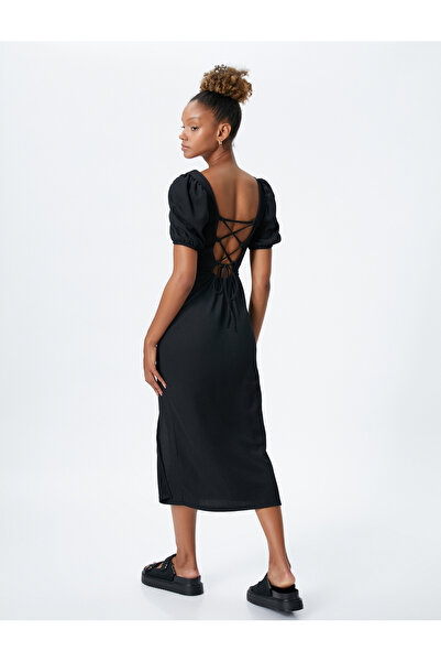 Koton Hasított ruha Midi szögletes nyakú ballon ujjú hátul részletes pakolás